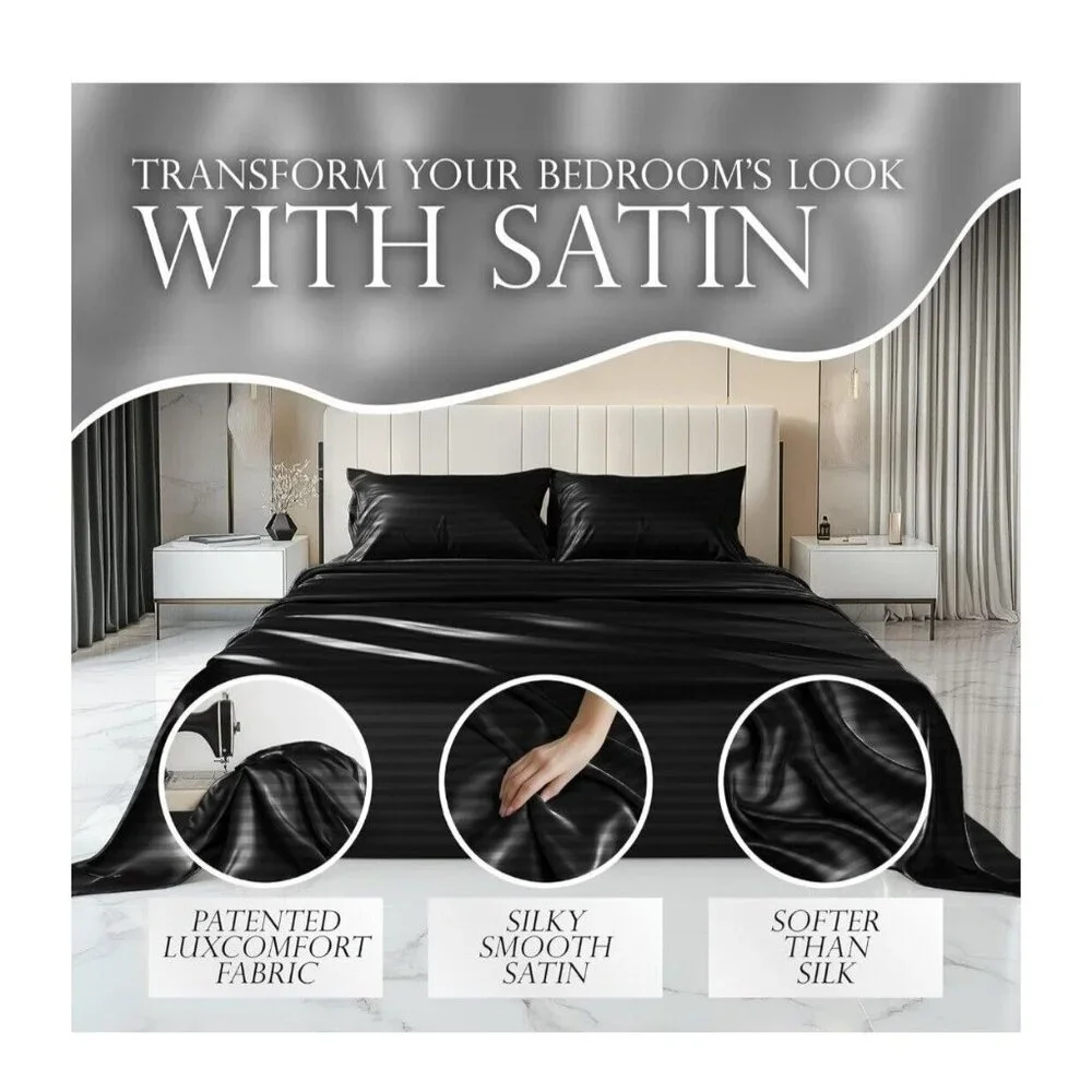 Luxury Satin Sheet Set‎ Twin Black Stripped With Pillowcases Deep Pocket